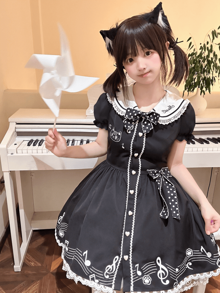 Melodic Kitty Black Sailor Collar Keyboard Design Back Short Puff ...