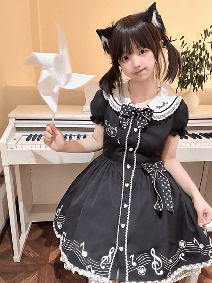パフメロディックキティブラックセーラーカラーキーボードドレスデザインバックスリーブショート