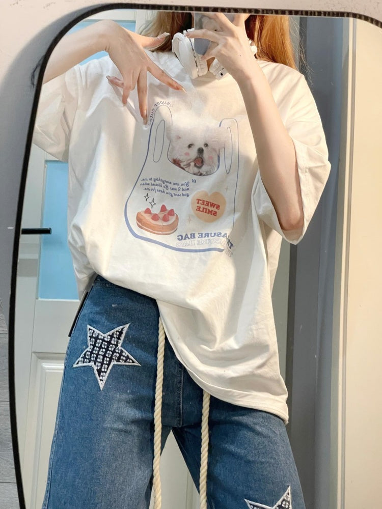 ホワイトのかわいい子犬プリントグラフィックTシャツ