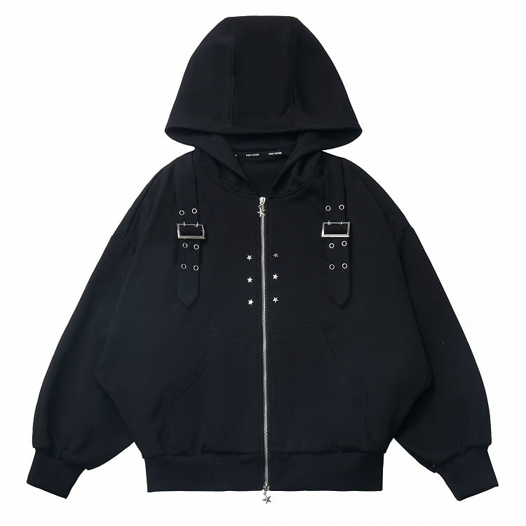 Schwarzer Kapuzenpullover mit Schnallenriemen, Sternnieten und Reißverschluss
