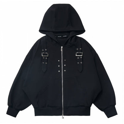 Schwarzer Kapuzenpullover mit Schnallenriemen, Sternnieten und Reißverschluss