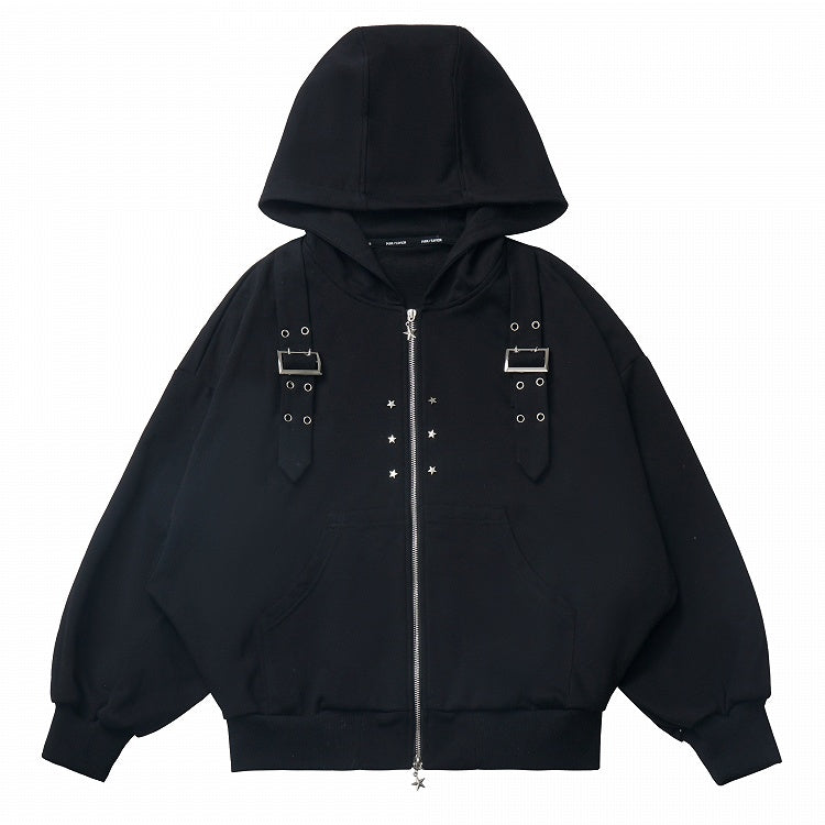 Nieten Stern Riemen Schnalle Schwarz Hoodie Reißverschluss