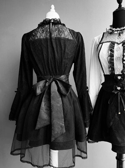 Kei Back with Skirt Black Bow Tie Overlay Detail Jacquard High-Waist Jirai