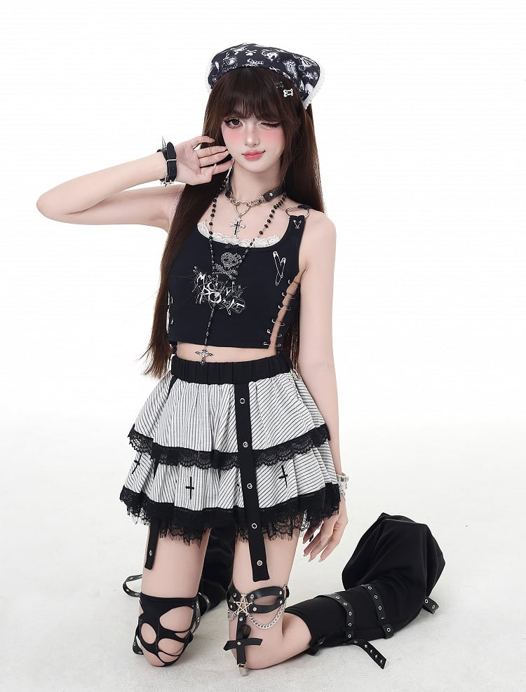 スケルトンクリップ、ホワイトストライプ、レーストリム、パンクなリボン、裏地付きティアードスカート