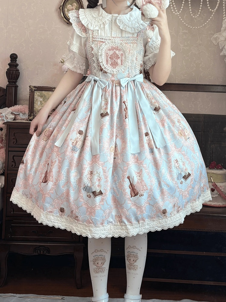 and Skirt Blue Waist Print High Lolita Bunny Violin Jumper Sweet