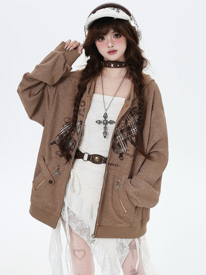 Brauner Frühlings-Kapuzenpullover mit Schmetterlingsapplikationen und Reißverschluss