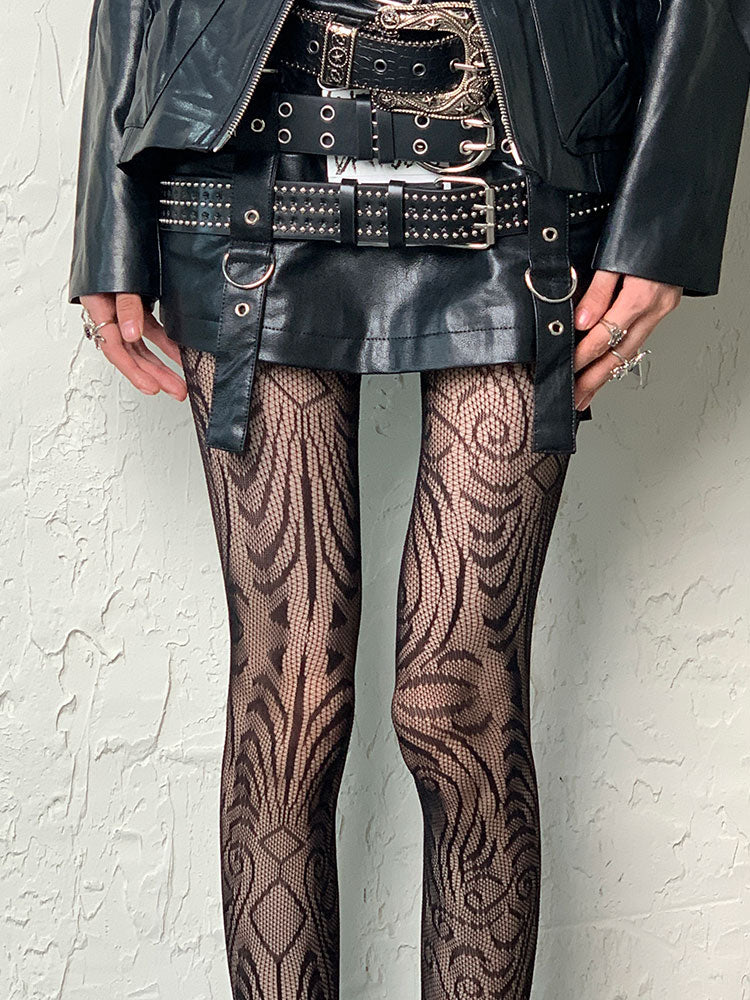 Dark Gothic Black Y2K Irregular Design Openwork Tights