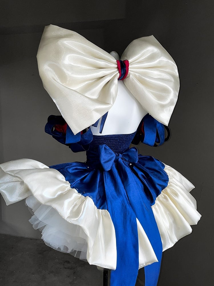 Waist Large Ribbon with Basque Blue Red Snow Accents Princess Bow and Balletcore White Vibes Dress