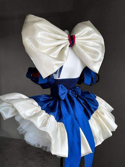 Waist Large Ribbon with Basque Blue Red Snow Accents Princess Bow and Balletcore White Vibes Dress