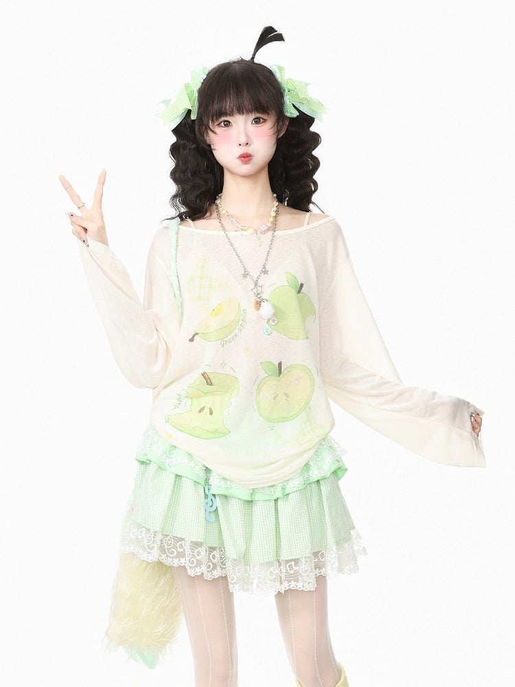 Breathable Apple-Print Long Sleeve Kawaii Top in Apricot for Warm Weather - Languid Park