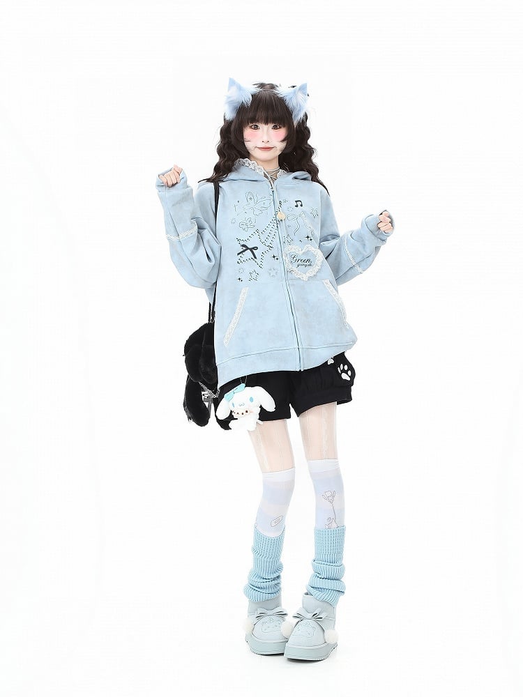 Ear with Gray/Pink Bunny Bow Regular/Thicken Lace-Trimmed Blue/Light Hoodie Accents