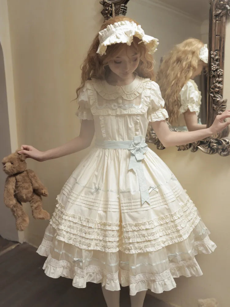Kleid Schleife Kragen Lolita Grün Beige Baumwolle und Mint Pan Akzente Peter