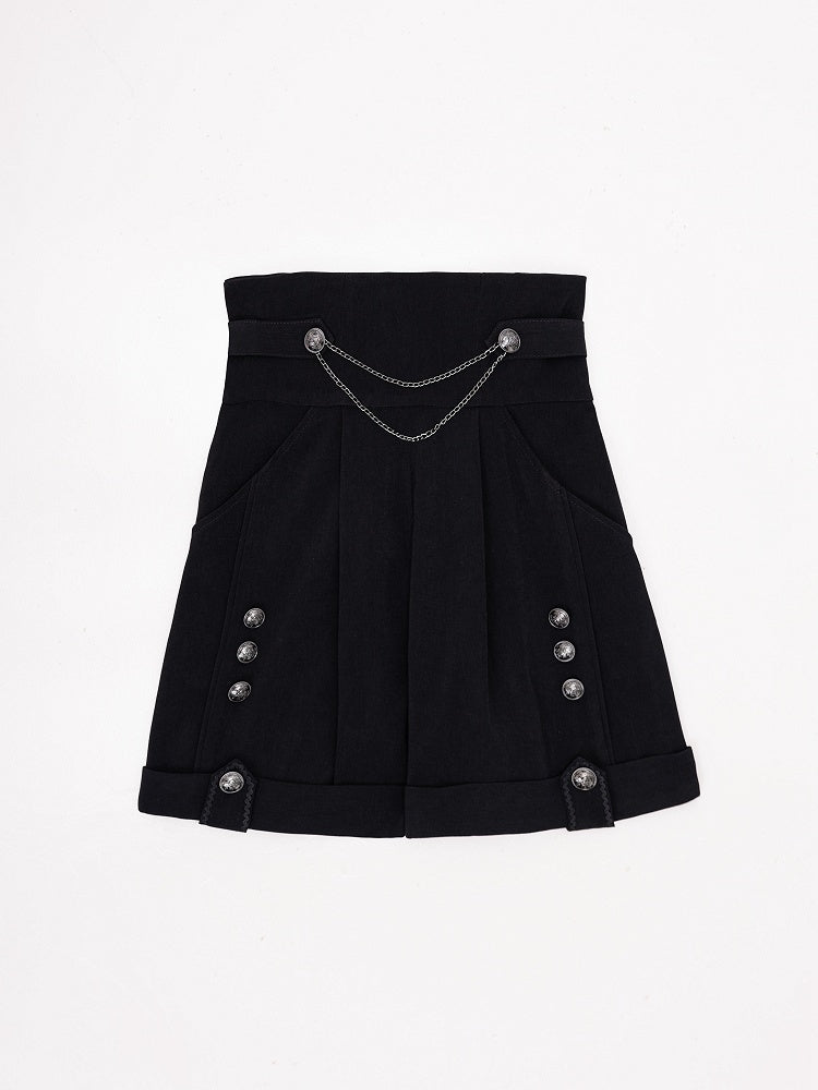Black High-Waist Straight-Leg Shorts with Silver Chains and Buttons - DevilInspired Exclusive Collection
