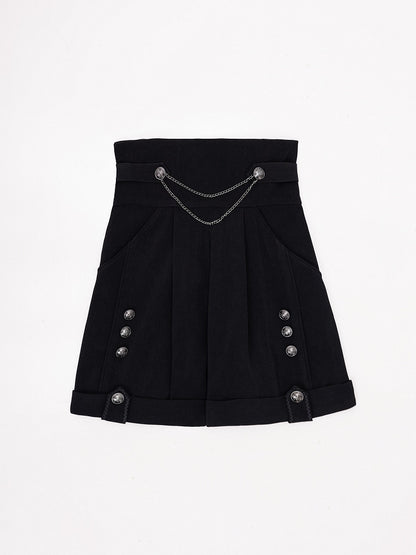 Black High-Waist Straight-Leg Shorts with Silver Chains and Buttons - DevilInspired Exclusive Collection