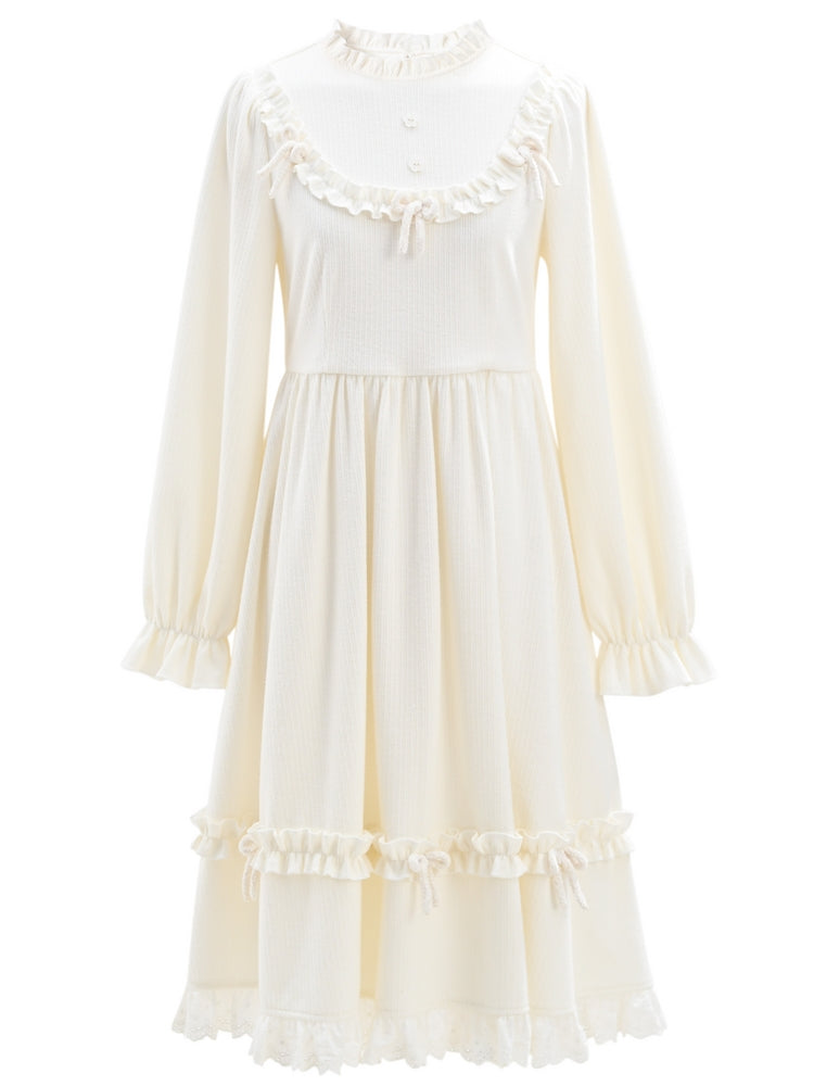 Weißes Kleid mit Schleifenakzenten, Rüschenausschnitt und langen Ärmeln