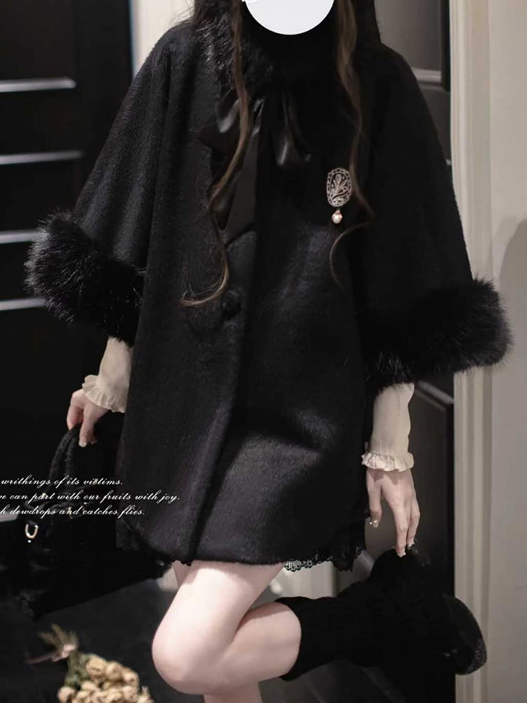 Black Cape Cuffs Jirai Plush Cozy Winter Coat - Kei with Fall Essential A Collar
