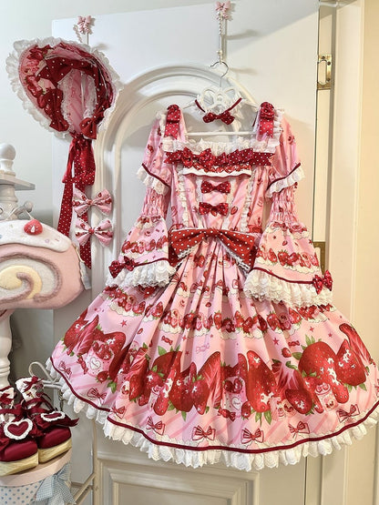 Set Erdbeerkleid Sweet Lolita Kurze Ärmel Volldruck Rosa