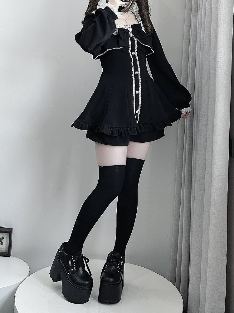 Black Jirai Kei Long Sleeve Coord Set- Square Neck Top with Lace Edging, Shorts, Bow Tie & Choker