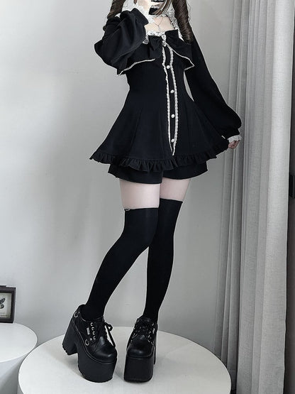 Black Jirai Kei Long Sleeve Coord Set- Square Neck Top with Lace Edging, Shorts, Bow Tie & Choker