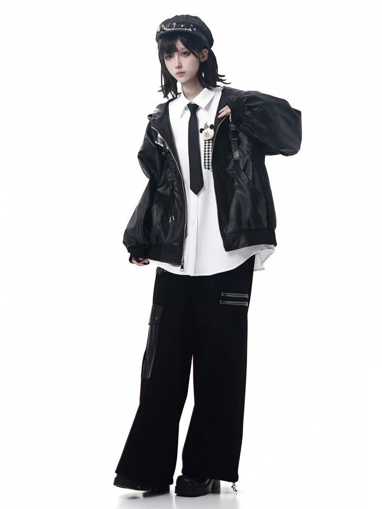 Pants and Detail Straight-Leg Utility Strap Techwear Pockets with PU Black