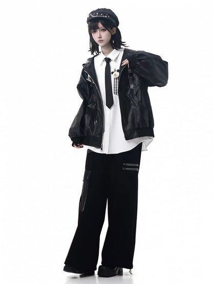 Pants and Detail Straight-Leg Utility Strap Techwear Pockets with PU Black