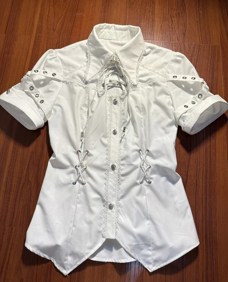 シャツ ホワイト ファッション ショートネックライン 袖 レースアップ ロリータ王子