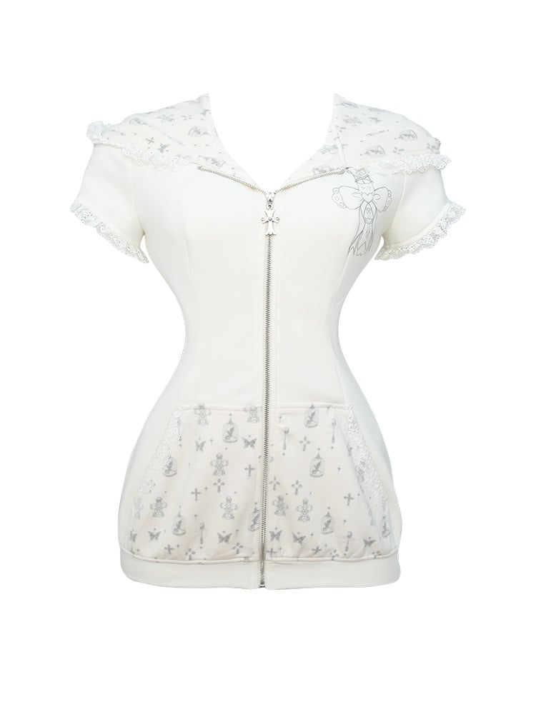 Lace Bunny-Ear Short Trim Cross Print Hoodie with Sleeve White and