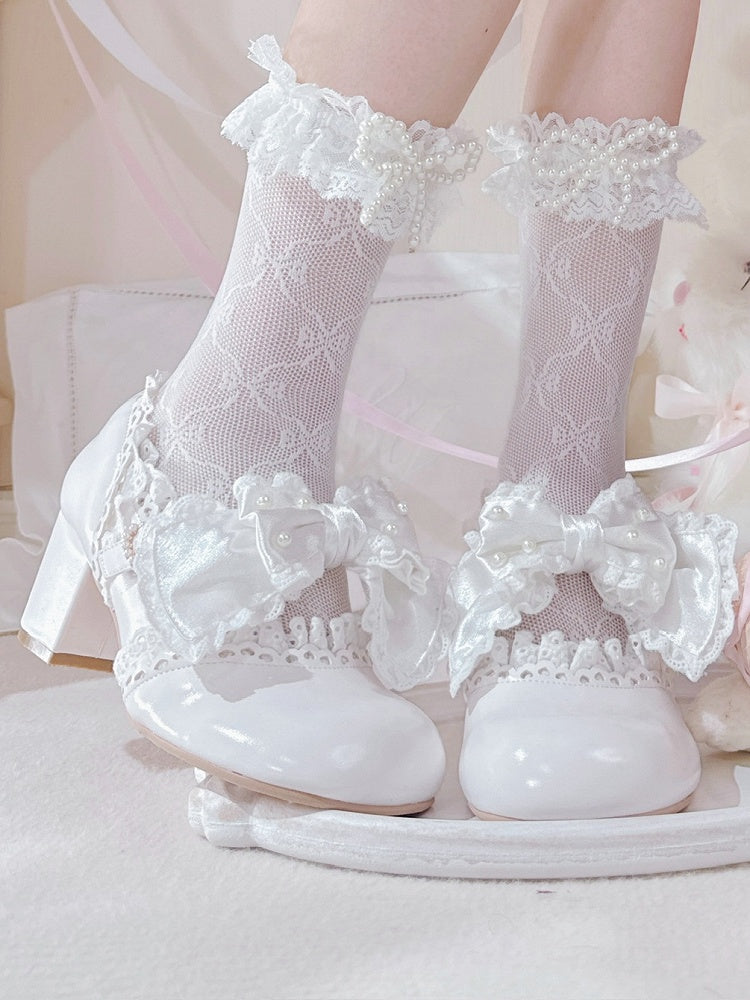 in Bow Sweet with Lace-Trimmed Mid Strap White Beaded Clasp Lolita Heart Heels