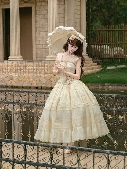 Yellow Sweet Button Top with Lace Skirt Set - Penny House