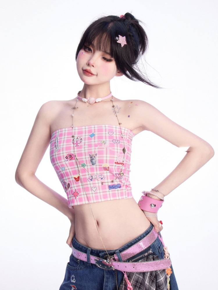 ストラップレストッププリントのかわいい子猫のステッカー付きピンクチェック柄クロップド丈
