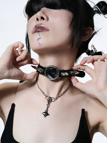 Y2K Schwarze Cyberpunk Metalluhr Doppellagiges Choker