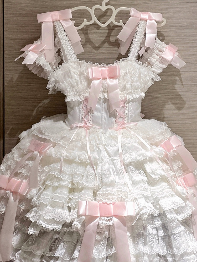 Dress Pink Off-the-shoulder Lolita Sweet Bow White Layered Hime Accents with Lace Ruffles