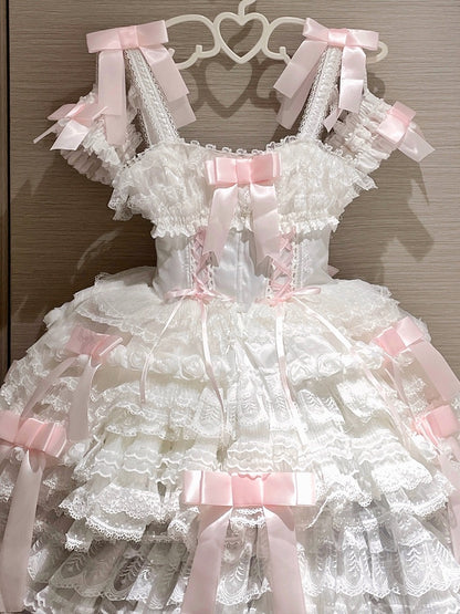 Dress Pink Off-the-shoulder Lolita Sweet Bow White Layered Hime Accents with Lace Ruffles
