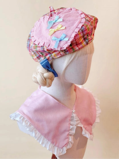 Beret Colorful Plaid and with Bow Accents Heart