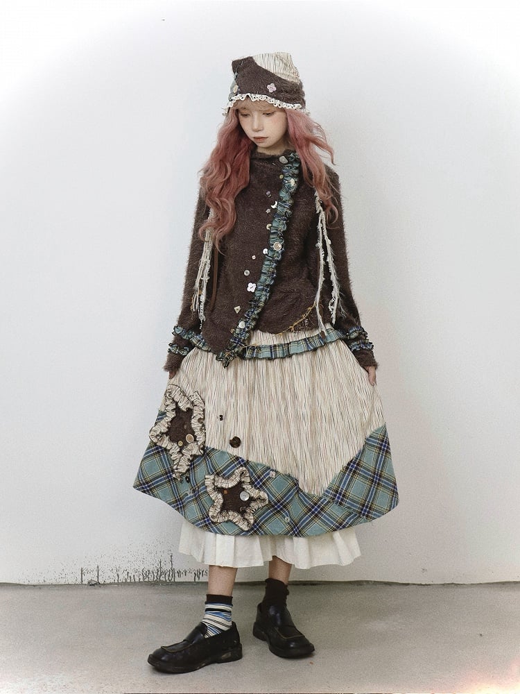 Playful Accents with Brown Kei Buttons Cardigan Mori Green Knit Plaid Vintage