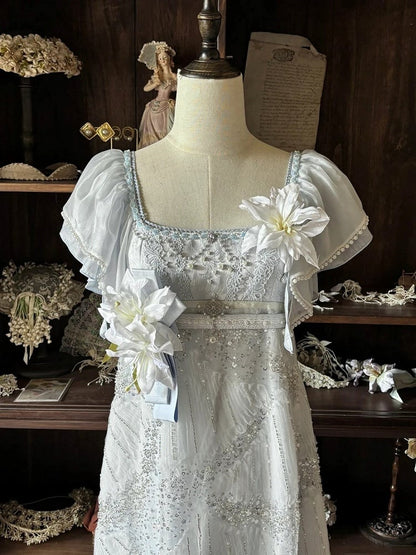 Blue Empire Waist Flutter Sleeves Sequins Bead Dress - Iris fleur