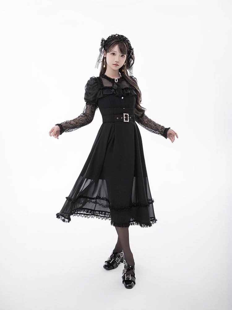 Tie Black Illusion Neckline Juliette Sleeves Jirai Kei Lace Blouse+Bow