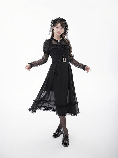 Tie Black Illusion Neckline Juliette Sleeves Jirai Kei Lace Blouse+Bow