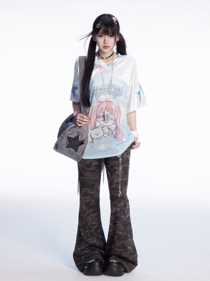 T-shirt Blau und Weiß Colorblock Design V-Ausschnitt Cartoon Mädchen Druck Lose