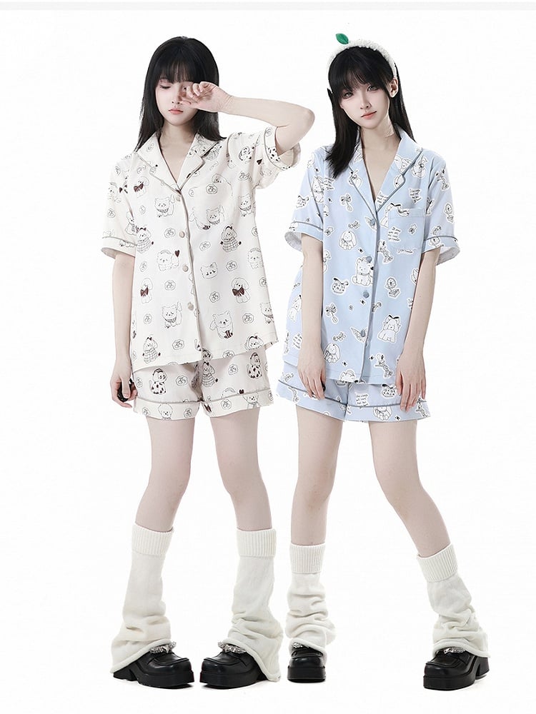 子犬プリントのパジャマセット ブルー/クリーム色 キュートなイエローライト