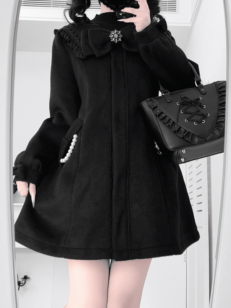 Jirai Kei Black Wool Blend Coat with Lace Sailor Collar and Beaded Chain Accented Pockets
