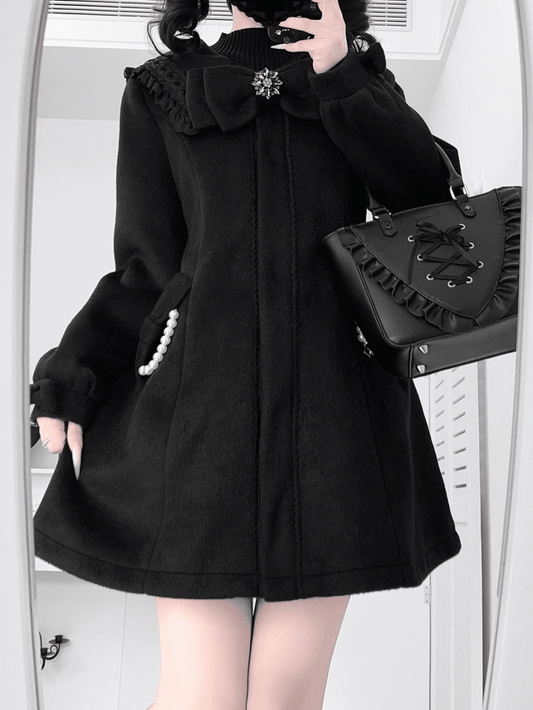Jirai Kei Black Wool Blend Coat with Lace Sailor Collar and Beaded Chain Accented Pockets