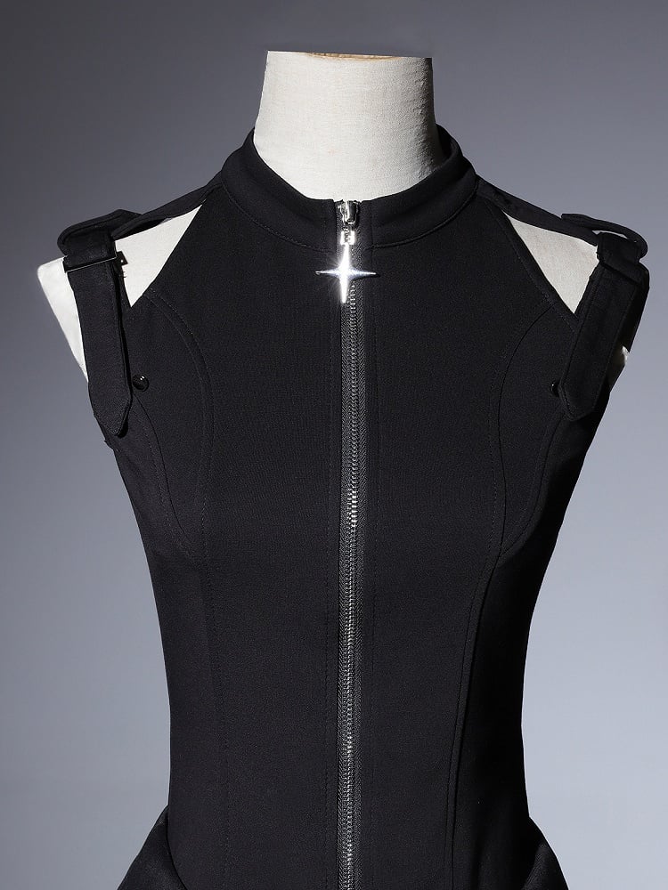 Shoulders Sleeveless Black Techwear Top Strap Buckle