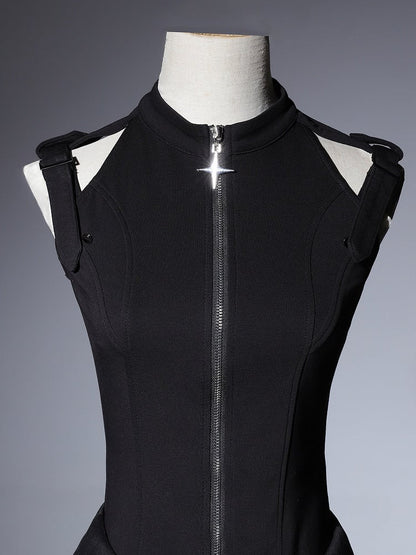 Techwear Buckle Sleeveless Top Black Shoulders Strap