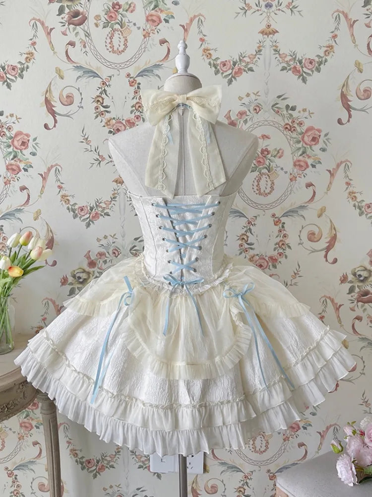 Cross Belle Beige und Blau Neckholder Korsettkleid Balletcore Lolita JSK