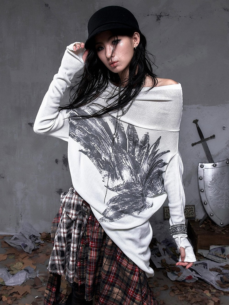 Studded Hoodie Neck Beige Punk Wing Off-Shoulder Wasteland Cowl Convertible with Design Print