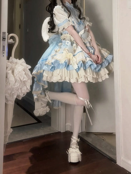 Kleid Taille Tiered Rüschen Lolita Blau Dekoration Bowknot Hohe Süße Rock