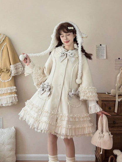 Ruffled Accents Lace Bow Details Sweet and Winter Lolita Coat Beige with