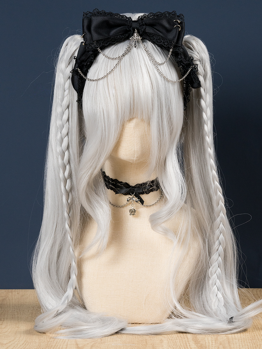 Detail Chain Lace with Black/White/Black Landmine-Style KC Cross White 3D Bow