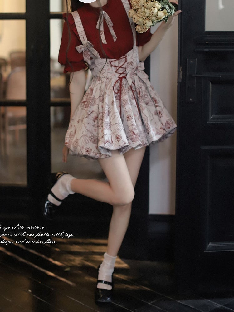 Weinrotes Jacquard-Overallkleid mit Ballonrock und Schnürung in der Taille